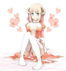 Rule 34 | 1girl, blonde hair, blush, bow, breasts, closed mouth, commentary request, dress, full body, green eyes, hair between eyes, hair bow, heart, high priest (ragnarok online), horns, juliet sleeves, large breasts, long sleeves, looking at viewer, medium hair, negi mugiya, no shoes, puffy sleeves, ragnarok online, red bow, red dress, sash, sitting, smile, solo, thighhighs, two-tone dress, white background, white bow, white dress, white sash, white thighhighs
