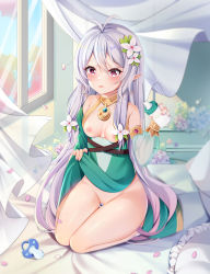 Rule 34 | baby bottle, bad id, bad pixiv id, bare legs, bare shoulders, blush, bottle, bottomless, cleft of venus, clothes lift, clothes pull, comic, commentary request, day, detached sleeves, dress, dress lift, dress pull, flower, full body, gradient hair, green dress, hair between eyes, hair flower, hair ornament, hand up, heart, heart-shaped pupils, highres, indoors, kokkoro (princess connect!), lifting own clothes, long hair, miaogujun, multicolored hair, nipples, no bra, no panties, on bed, open mouth, pacifier, pink eyes, pink hair, pointy ears, princess connect!, pussy, seiza, silver hair, sitting, symbol-shaped pupils, very long hair