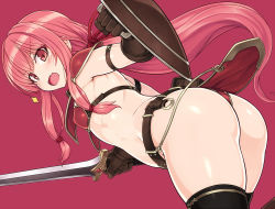 Rule 34 | 1girl, :d, armor, ass, belt, bikini armor, black thighhighs, breasts, brown gloves, dutch angle, fang, gloves, highres, kotonoha akane, long hair, looking at viewer, low ponytail, null (nyanpyoun), open mouth, pauldrons, pink hair, red background, red eyes, shield, shoulder armor, sidelocks, simple background, small breasts, smile, solo, sword, thighhighs, very long hair, voiceroid, weapon
