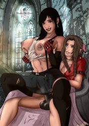 Rule 34 | 2girls, aerith gainsborough, breasts, clothed sex, dildo, final fantasy, highres, large breasts, multiple girls, nipples, qualon, sex, sex toy, strap-on, tagme, tifa lockhart, torn clothes, yuri