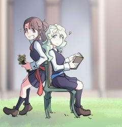 Rule 34 | 2girls, ?, absurdres, blue eyes, blue sash, blush, book, brown hair, chair, confused, couple, diana cavendish, embarrassed, flower, grass, green chair, highres, kagari atsuko, little witch academia, long hair, looking at another, luna nova school uniform, multiple girls, nervous, nervous smile, red eyes, red sash, sash, school uniform, sitting, skirt, smile, uniform, usbfan, wavy hair, yuri