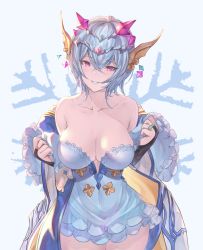 Rule 34 | 1girl, absurdres, betabeet, black gloves, blue dress, blue hair, blue lips, breasts, bridal gauntlets, cleavage, coat, collarbone, dress, earrings, frilled dress, frills, gem, gloves, granblue fantasy, highres, jewelry, large breasts, lipstick, looking at viewer, macula marius, makeup, ornate ring, parted lips, pink eyes, ring, shiny skin, short hair, sidelocks, smile, snowflake background, solo, strapless, strapless dress, thick thighs, thighs, tiara, undressing, wedding band
