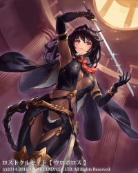 Rule 34 | black cape, black gloves, black hair, breasts, cape, cleavage, column, covered navel, cuboon, elbow gloves, gloves, holding, holding sword, holding weapon, indoors, lost crusade, medium breasts, official art, pillar, red eyes, red neckwear, sheath, solo, standing, sword, watermark, weapon