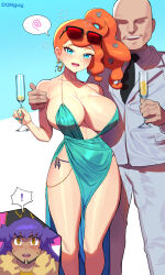 Rule 34 | 1girl, 2boys, :d, absurdres, aqua nails, bare shoulders, breasts, brown eyes, creatures (company), cup, dqnguy, dragonair, dress, drinking glass, drunk, earrings, evening gown, eyewear on head, game freak, gen 1 pokemon, green dress, green eyes, hair ornament, heart, heart hair ornament, highres, holding, holding cup, huge breasts, jewelry, large breasts, leon (pokemon), multiple boys, netorare, nintendo, open mouth, orange hair, pelvic curtain, plunging neckline, pokemon, pokemon swsh, purple hair, revealing clothes, revision, side ponytail, side slit, single earring, smile, sonia (pokemon), spoken squiggle, squeans, squiggle, sunglasses, thighs
