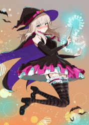 Rule 34 | 10s, 1girl, absurdres, alternate costume, bat (animal), black cape, black dress, black footwear, black hat, black sleeves, black thighhighs, blue eyes, blush, bow, cape, circle, closed mouth, commentary, detached sleeves, dress, emilio (tetsukazu no ao), frilled thighhighs, frills, frown, full body, garter straps, girls und panzer, glaring, half-closed eyes, halloween costume, hat, hat bow, hat ribbon, high heels, highres, holding, holding wand, itsumi erika, jack-o&#039;-lantern, jumping, layered dress, long hair, looking at viewer, magic circle, mary janes, neck ribbon, petticoat, purple ribbon, ribbon, shoes, short dress, silver hair, solo, sparkle, star (symbol), starry background, strapless, strapless dress, striped clothes, striped thighhighs, sweat, sweatdrop, thighhighs, wand, witch, witch hat