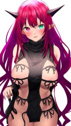 Rule 34 | 1girl, absurdres, adapted costume, aran sweater, bare shoulders, between breasts, black sweater, blush, breasts, cable knit, clothing cutout, cowboy shot, cross-shaped pupils, dress, gradient hair, green eyes, heterochromia, highres, hirahiragi (h1rqg1), hololive, hololive english, horns, irys (hololive), large breasts, long hair, looking at viewer, meme attire, multicolored hair, no bra, no panties, parted lips, pelvic curtain, pink eyes, pointy ears, purple hair, red hair, revealing clothes, short dress, shoulder cutout, simple background, smile, solo, streaked hair, sweater, sweater dress, symbol-shaped pupils, too many, turtleneck, turtleneck sweater, very long hair, virgin destroyer sweater, virtual youtuber, white background