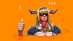 Rule 34 | 1girl, agito666, ahoge, arnold schwarzenegger, blouse, blunt bangs, bow, braid, chain, chain necklace, cleavage cutout, clothing cutout, cosplay, diagonal-striped bow, dragon horns, glowing, glowing eye, highres, hololive, horn bow, horn ornament, horns, jewelry, kiryu coco, kiryu coco (1st costume), kiryu coco (cosplay), looking at viewer, male focus, manly, necklace, orange background, orange hair, pointy ears, shirt, side braid, simple background, single braid, solo, sunglasses, t-800, tail, terminator (series), terminator 2: judgment day, the terminator, thumbs up, virtual youtuber, white shirt