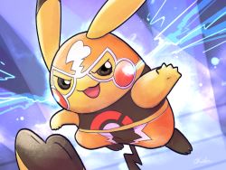 Rule 34 | black eyes, clothed pokemon, commentary request, cosplay pikachu, creature, creatures (company), electricity, full body, furrowed brow, game freak, gen 1 pokemon, highres, jumping, nintendo, no humans, ohdon, pikachu, pikachu libre, pokemon, pokemon (creature), purple background, solo