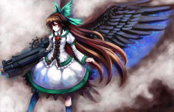 Rule 34 | 1girl, adapted costume, arm cannon, bad id, bad pixiv id, black wings, bow, brown hair, bryanth, cape, expressionless, female focus, hair bow, highres, large wings, long hair, red eyes, reiuji utsuho, solo, touhou, weapon, wings