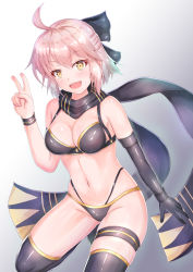 Rule 34 | 1girl, :d, ahoge, bare shoulders, bikini, black bikini, black gloves, black scarf, black thighhighs, blush, bow, breasts, brown hair, cleavage, cocoasabure, elbow gloves, fate/grand order, fate (series), gloves, gradient background, groin, hair bow, half updo, hand up, highleg, highleg bikini, highres, leg up, looking at viewer, medium breasts, navel, okita j. souji (fate), okita j. souji (first ascension) (fate), okita souji (fate), okita souji (koha-ace), open mouth, scarf, short hair, sidelocks, single glove, smile, solo, standing, standing on one leg, swimsuit, thigh strap, thighhighs, thighs, v, wristband, yellow eyes