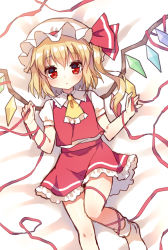 Rule 34 | 1girl, ascot, blonde hair, blush, flandre scarlet, hat, long hair, looking at viewer, lying, mauve, on back, red eyes, red ribbon, ribbon, side ponytail, sketch, socks, solo, touhou, wings