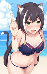 Rule 34 | 1girl, animal ear fluff, animal ears, beach, bikini, black hair, blue bikini, blue sky, blush, bracelet, breasts, cat ears, cat tail, cleavage, cloud, collarbone, commentary request, day, fang, flustered, green eyes, hand on own hip, highres, index finger raised, jewelry, karyl (princess connect!), karyl (summer) (princess connect!), looking at viewer, medium breasts, momochi kiruya, navel, ocean, open mouth, outdoors, partial commentary, pointing, pointing up, princess connect!, revision, skin fang, sky, solo, standing, swimsuit, tail, water, wet, zou eita