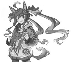 Rule 34 | 1girl, ahoge, animal ears, bow, clenched hands, clothes writing, commentary request, cowboy shot, crossed bangs, greyscale, grin, hair bow, hands up, hood, hoodie, horse ears, horse girl, horse tail, long hair, long sleeves, looking at viewer, monochrome, pantyhose, ran89 634no, sharp teeth, sidelocks, simple background, smile, solo, striped bow, stuffed animal, stuffed rabbit, stuffed toy, tail, teeth, twin turbo (umamusume), twintails, umamusume, very long hair, white background