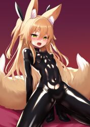 Rule 34 | 1girl, animal ear fluff, animal ears, blonde hair, blush, breasts, catsuit, embarrassed, fang, fox ears, fox girl, fox tail, green eyes, heart, heart-shaped pupils, highres, kneeling, kokonoe tsubaki, long hair, looking at viewer, multiple tails, nose blush, open mouth, original, small breasts, solo, spread legs, symbol-shaped pupils, tail, two side up, two tails, yoshizawa tsubaki