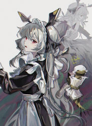 Rule 34 | 1girl, alternate costume, animal ears, apron, arknights, black dress, blush, clear (4ff44f), cowboy shot, dress, enmaided, floating, highres, leaf (arknights), long hair, long sleeves, maid, maid headdress, multiple views, open mouth, red eyes, silver hair, simple background, very long hair, weedy (arknights), white apron, white background