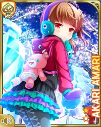 Rule 34 | 1girl, amari akari, black legwear, bow, brown hair, card (medium), character name, closed mouth, collarbone, earmuffs, frilled skirt, frills, from behind, girlfriend (kari), gloves, hair ornament, hood, hood down, hoodie, ice, jacket, looking at viewer, multicolored hair, night, official art, outdoors, ponytail, qp:flapper, red eyes, red jacket, shirt, short hair, side ponytail, sidelocks, skirt, smile, snow, solo, standing, streaked hair, stuffed animal, stuffed toy, tagme, teddy bear, winter clothes