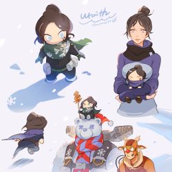 Rule 34 | 1girl, 2boys, alternate costume, animal costume, animification, apex legends, bear costume, blue eyes, brown hair, chibi, dasher octane, gibraltar (apex legends), goggles, googly eyes, green scarf, hair bun, holding, iwamoto zerogo, looking ahead, looking to the side, looking up, multiple boys, multiple views, octane (apex legends), on head, person on head, purple sweater, reindeer costume, scarf, single hair bun, snow, surprised, sweater, wraith (apex legends), x x
