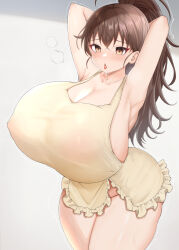 Rule 34 | 1girl, absurdres, apron, armpits, arms behind head, blush, breasts, brown eyes, brown hair, chomikuplus, cleavage, collarbone, covered erect nipples, curvy, gigantic breasts, grey background, heavy breathing, highres, huge breasts, long hair, naked apron, oppai loli, ponytail, see-through, sideboob, solo, standing, taneshima popura, thick thighs, thighs, tongue, tongue out, wide hips, working!!