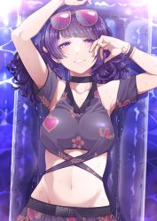 Rule 34 | 1girl, absurdres, afloat, armpits, asymmetrical bangs, bracelet, breasts, choker, dress, ear piercing, floral print, heart, heart print, highres, idolmaster, idolmaster shiny colors, jewelry, medium breasts, medium hair, navel, piercing, purple dress, purple eyes, smile, solo, sunglasses, swimsuit, tanaka mamimi, tokufumi, twintails, water