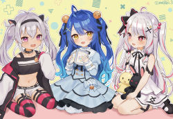 Rule 34 | 3girls, aged down, ahoge, amamiya kokoro, amamiya kokoro (1st costume), antenna hair, beads, bell, black ribbon, black shirt, blue dress, blue hair, blush, book, bow, buttons, child, collar, commentary, crop top, double-breasted, dress, dress bow, fang, fangs, garter straps, gradient hair, hair beads, hair bell, hair intakes, hair ornament, hair ribbon, hairband, highres, holding, holding book, jacket, loafers, long sleeves, matsukai mao, meibi 1, multicolored hair, multiple girls, navel, neck ribbon, nijisanji, off-shoulder shirt, off shoulder, open book, open mouth, pink eyes, red eyes, ribbon, seiza, shirt, shoes, shorts, sitting, skin fang, skin fangs, smile, spiked collar, spikes, stuffed animal, stuffed rabbit, stuffed toy, symbol-only commentary, twintails, twitter username, two-tone hair, two side up, virtual youtuber, wariza, white dress, x hair ornament, yellow background, yellow eyes, yorumi rena, yorumi rena (young)
