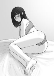Rule 34 | 1girl, absurdres, ass, barefoot, blush, bra, breasts, cameltoe, cleft of venus, covered erect nipples, glasses, greyscale, highres, long hair, looking at viewer, medium breasts, medium hair, monochrome, original, panties, sitting, solo, tantanmen72, underwear, underwear only