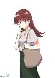 Rule 34 | 1girl, absurdres, bag, brown eyes, brown hair, feet out of frame, green skirt, highres, kantai collection, long hair, looking at viewer, one-hour drawing challenge, ooi (kancolle), robinson (day l full), shirt, simple background, skirt, solo, twitter username, white background, white shirt