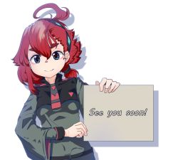 Rule 34 | 1girl, ahoge, blue eyes, breasts, commentary, english text, gundam, gundam suisei no majo, hairband, hexaa, long hair, looking at viewer, placard, ponytail, red hair, sign, single sidelock, small breasts, smile, solo, suletta mercury, upper body, white background