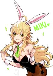 Rule 34 | 1girl, ahoge, animal ears, artist name, bad id, bad pixiv id, character name, detached collar, fake animal ears, fishnets, green eyes, grin, hoshii miki, idolmaster, idolmaster (classic), leotard, long hair, necktie, pantyhose, playboy bunny, rabbit ears, rabbit tail, rod (rod4817), smile, solo, tail, white background, wrist cuffs
