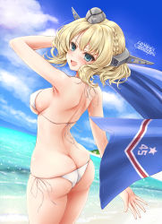 Rule 34 | 1girl, ass, beach, bikini, blonde hair, blue eyes, blue sky, braid, breasts, butt crack, cloud, colorado (kancolle), commentary request, cowboy shot, dated, day, dutch angle, garrison cap, grey hat, hat, headgear, inoue tomii, kantai collection, large breasts, ocean, open mouth, outdoors, short hair, side-tie bikini bottom, side braid, side braids, sideboob, signature, single braid, sky, solo, swimsuit, towel, white bikini