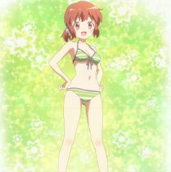 Rule 34 | 1girl, bikini, blush, breasts, fang, hand on own hip, highres, inokuma youko, kin-iro mosaic, legs, medium breasts, medium hair, navel, open mouth, red hair, scrunchie, solo, standing, stitched, striped bikini, striped clothes, swimsuit, third-party edit