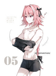 Rule 34 | 1boy, artist name, astolfo (fate), bishounen, black bow, black ribbon, black shirt, bow, boxers, braid, buttoning, copyright name, fang, fate/apocrypha, fate (series), from side, hair intakes, hair ribbon, leopardtiger, long braid, long hair, male focus, male underwear, motion lines, multicolored hair, musical note, no pants, numbered, pectorals, pink hair, purple eyes, ribbon, shirt, topless male, simple background, single braid, skin fang, solo, streaked hair, toned, toned male, underwear, underwear only, white background