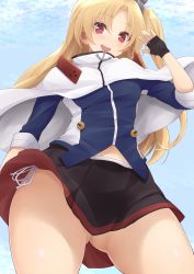 Rule 34 | 1girl, azur lane, black gloves, black skirt, blonde hair, blue sky, capelet, cleveland (azur lane), cloud, commentary request, day, fingerless gloves, from below, gloves, gluteal fold, head tilt, highres, jampen, legs apart, looking at viewer, midriff peek, miniskirt, one side up, open mouth, outdoors, panties, parted bangs, pleated skirt, red eyes, side-tie panties, skirt, sky, smile, solo, string panties, thick thighs, thighs, underwear, waving, white capelet, white panties