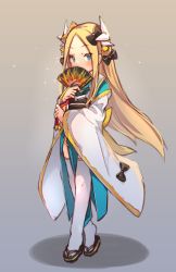 Rule 34 | 1girl, abigail williams (fate), black bow, black footwear, blonde hair, blue eyes, blue kimono, blush, bow, brown background, cosplay, covered mouth, dragon horns, fate/grand order, fate (series), folding fan, forehead, full body, gradient background, grey background, hair bow, hand fan, holding, holding fan, horns, japanese clothes, kimono, kiyohime (fate), kiyohime (fate) (cosplay), long hair, long sleeves, looking at viewer, miya (miyaruta), obi, orange bow, parted bangs, sandals, sash, shadow, sleeves past wrists, solo, sparkle, thighhighs, v-shaped eyebrows, very long hair, white thighhighs, wide sleeves, zouri