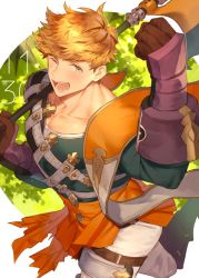 Rule 34 | 1boy, axe, battle axe, blonde hair, blush, from above, granblue fantasy, green eyes, green shirt, higashigunkan, holding, holding axe, looking at viewer, male focus, muscular, muscular male, over shoulder, pants, pectorals, shirt, short hair, solo, tight clothes, tight shirt, vambraces, vane (granblue fantasy), weapon, weapon over shoulder, white pants