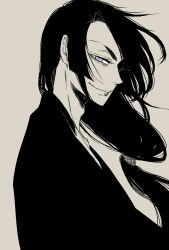 Rule 34 | 1boy, alternate hairstyle, ayasegawa yumichika, bleach, gonebattlefield, japanese clothes, long hair, looking at viewer, male focus, monochrome, purple eyes, simple background, smile, solo, spot color