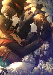 Rule 34 | 1boy, 1girl, ariake aria, arsene lupin (code:realize), ascot, black gloves, black headwear, bow, brown eyes, brown gloves, brown hair, cardia beckford, clenched hand, code:realize, dress, eye contact, frilled dress, frills, gear hair ornament, gloves, green eyes, hand up, hat, hetero, long sleeves, looking at another, sitting, smile
