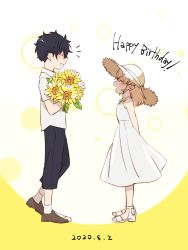 Rule 34 | 1boy, 1girl, ^ ^, black hair, black pants, blush, bouquet, brother and sister, brown footwear, closed eyes, commentary request, dated, doromame, dress, english text, closed eyes, flower, from side, full body, grin, happy birthday, hat, holding, male focus, nakiri asahi, nakiri erina, open mouth, pants, profile, shirt, shoes, shokugeki no souma, short hair, siblings, sleeveless, smile, standing, straw hat, sun hat, sundress, sunflower, white dress