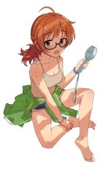 Rule 34 | 1girl, absurdres, ahoge, araki hina, bare shoulders, blue shorts, bracelet, breasts, brown eyes, brown hair, camisole, cleavage, clothes around waist, dolphin shorts, handheld fan, highres, idolmaster, idolmaster cinderella girls, jewelry, kurume, long hair, low ponytail, open mouth, semi-rimless eyewear, short shorts, shorts, simple background, sitting, small breasts, solo, sweat, twitter username, white background, wristband