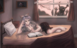 Rule 34 | 2girls, barefoot, bed, book, bow, breasts, cleavage, curtains, drawing (object), ex-keine, fujiwara no mokou, glowing, glowing eye, grey hair, horn ornament, horn ribbon, horns, houraisan kaguya, image sample, kamishirasawa keine, long hair, lying, medium breasts, multiple girls, open book, open clothes, open shirt, picture frame, pillow, red eyes, ribbon, shirt, shorts, tail, touhou, twilight, window, you gonna get raped, zucreelo