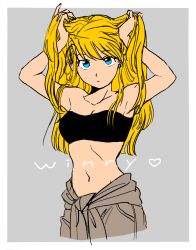 Rule 34 | 1girl, arms up, bare arms, bare shoulders, blonde hair, blue eyes, character name, earrings, expressionless, framed, fullmetal alchemist, grey background, hand in own hair, heart, highres, jewelry, long hair, looking at viewer, navel, simple background, solo, standing, white background, winry rockbell