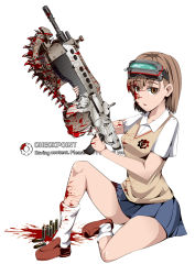 Rule 34 | 1girl, bad id, bad pixiv id, blood, blood on face, brown eyes, brown hair, cartridge, chainsaw, crossover, empty eyes, full body, gameplay mechanics, gears, gears of war, gun, head-mounted display, lancer (gears of war), left-handed, loafers, looking at viewer, miniskirt, misaka imouto, miyamoto issa, parody, pleated skirt, school uniform, shoes, short hair, simple background, sitting, skirt, skull, socks, solo, toaru majutsu no index, vest, weapon, white background, white socks