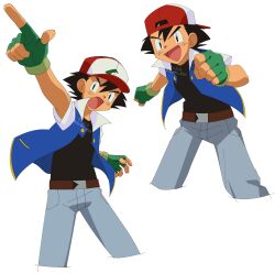 Rule 34 | 1boy, :d, ash ketchum, baseball cap, belt, belt buckle, black eyes, black hair, black shirt, blue jacket, brown belt, buckle, clenched hands, commentary request, creatures (company), fingerless gloves, game freak, gloves, green gloves, grey pants, hat, highres, jacket, knhrpnkt, male focus, multiple views, nintendo, open clothes, open jacket, open mouth, pants, pointing, pokemon, pokemon (anime), pokemon (classic anime), red headwear, shirt, short sleeves, simple background, smile, tongue, twitter username, watermark, white background
