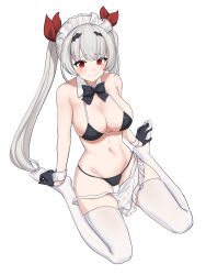 Rule 34 | 1girl, absurdres, aningay, apron, bare shoulders, bikini, black bikini, black bow, black gloves, blush, bow, breasts, closed mouth, copyright request, frilled apron, frills, full body, gloves, grey hair, hair ribbon, highres, long hair, maid headdress, medium breasts, no shoes, red eyes, red ribbon, ribbon, simple background, sitting, smile, solo, swimsuit, thick eyebrows, thighhighs, twintails, very long hair, waist apron, wariza, white apron, white background, white thighhighs, wing hair ornament, wrist cuffs