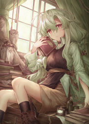 Rule 34 | 1girl, absurdres, ahoge, ankle boots, bad id, bad pixiv id, black choker, black socks, book, boots, bright pupils, brown footwear, choker, closed mouth, collared jacket, curtains, green hair, green jacket, green theme, hair between eyes, hand up, highres, holding, holding book, indoors, ink bottle, jacket, lantern, long sleeves, looking at viewer, open book, open clothes, open jacket, original, red eyes, scroll, shichigatsu, sitting, socks, solo, white pupils, window