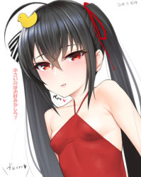 Rule 34 | 1girl, aged down, ahoge, alternate breast size, azur lane, bare shoulders, black hair, blush, breasts, collarbone, covered erect nipples, crossed bangs, dated, dress, hair between eyes, hair ribbon, heart, kanzaki muyu, long hair, looking at viewer, official alternate costume, red dress, red eyes, red ribbon, ribbon, signature, simple background, skindentation, small breasts, solo, striped ribbon, taihou (azur lane), tongue, tongue out, translation request, twintails, white background