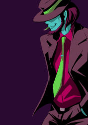 Rule 34 | 1boy, bad id, bad pixiv id, beard, blue skin, cigarette, colored skin, colorful, facial hair, fedora, formal, hat, jaian, jigen daisuke, lupin iii, male focus, necktie, simple background, smoking, solo, suit, tms entertainment