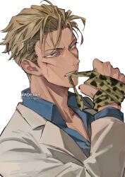 Rule 34 | 1boy, animal print, artist name, black shirt, bleeding, blonde hair, blood, brown eyes, clenched teeth, collared shirt, commentary, cuts, dress shirt, english commentary, hand up, injury, jacket, jujutsu kaisen, kadeart, lapels, leopard print, long sleeves, looking at viewer, male focus, nanami kento, necktie, unworn necktie, open clothes, open jacket, parted lips, scratches, serious, shirt, short hair, signature, simple background, solo, teeth, upper body, v-shaped eyebrows, white background, white jacket, wing collar