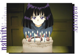 Rule 34 | 1girl, birthday cake, bishoujo senshi sailor moon, black hair, cake, candle, food, fruit, hino ryutaro, icing, light smile, purple eyes, short hair, solo, strawberry, tomoe hotaru, upper body
