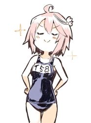 Rule 34 | &gt;:), 1girl, ahoge, cosplay, cowboy shot, hands on own hips, i-58 (kancolle), i-8 (kancolle), i-8 (kancolle) (cosplay), kantai collection, name tag, one-piece swimsuit, pink hair, school swimsuit, short hair, simple background, smug, solo, sparkle, sumisu (mondo), swimsuit, v-shaped eyebrows