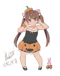 1girl absurdres black_footwear black_tank_top blush brown_eyes brown_hair character_name closed_mouth dated hair_ribbon halloween_costume highres inica kantai_collection libeccio_(halloween_mode)_(kancolle) libeccio_(kancolle) long_hair mary_janes official_alternate_costume one-hour_drawing_challenge orange_scrunchie pumpkin_hat pumpkin_skirt rabbit ribbon scrunchie shoes signature skirt smile striped_ribbon tank_top twintails white_background